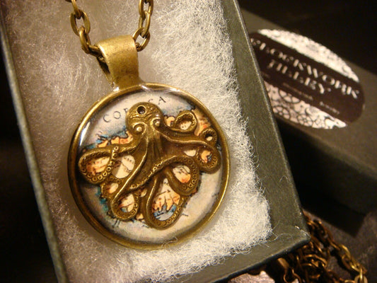 Octopus over Map Pendant Necklace