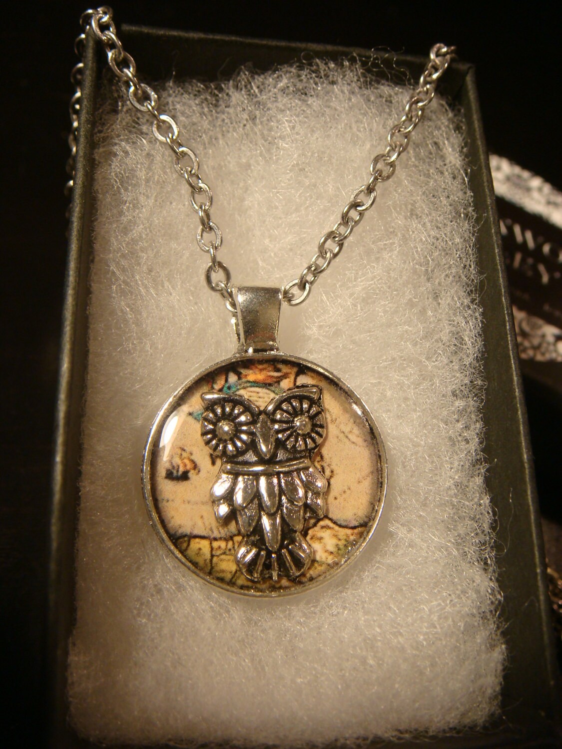 Owl over Map Small Pendant Necklace