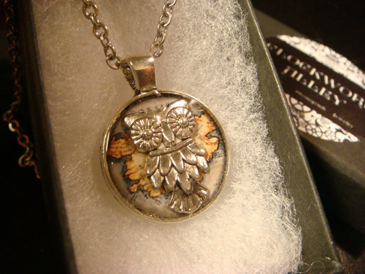 Owl over Map Small Pendant Necklace
