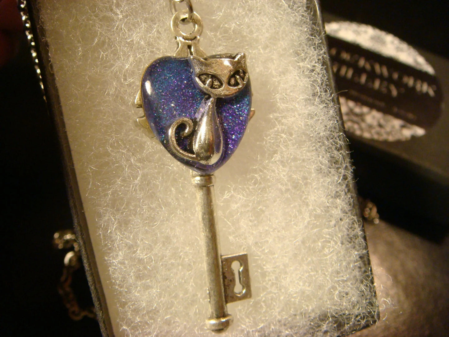 Cat Heart Key Necklace - Purple