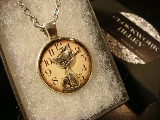 Cat over Clock Small Pendant Necklace