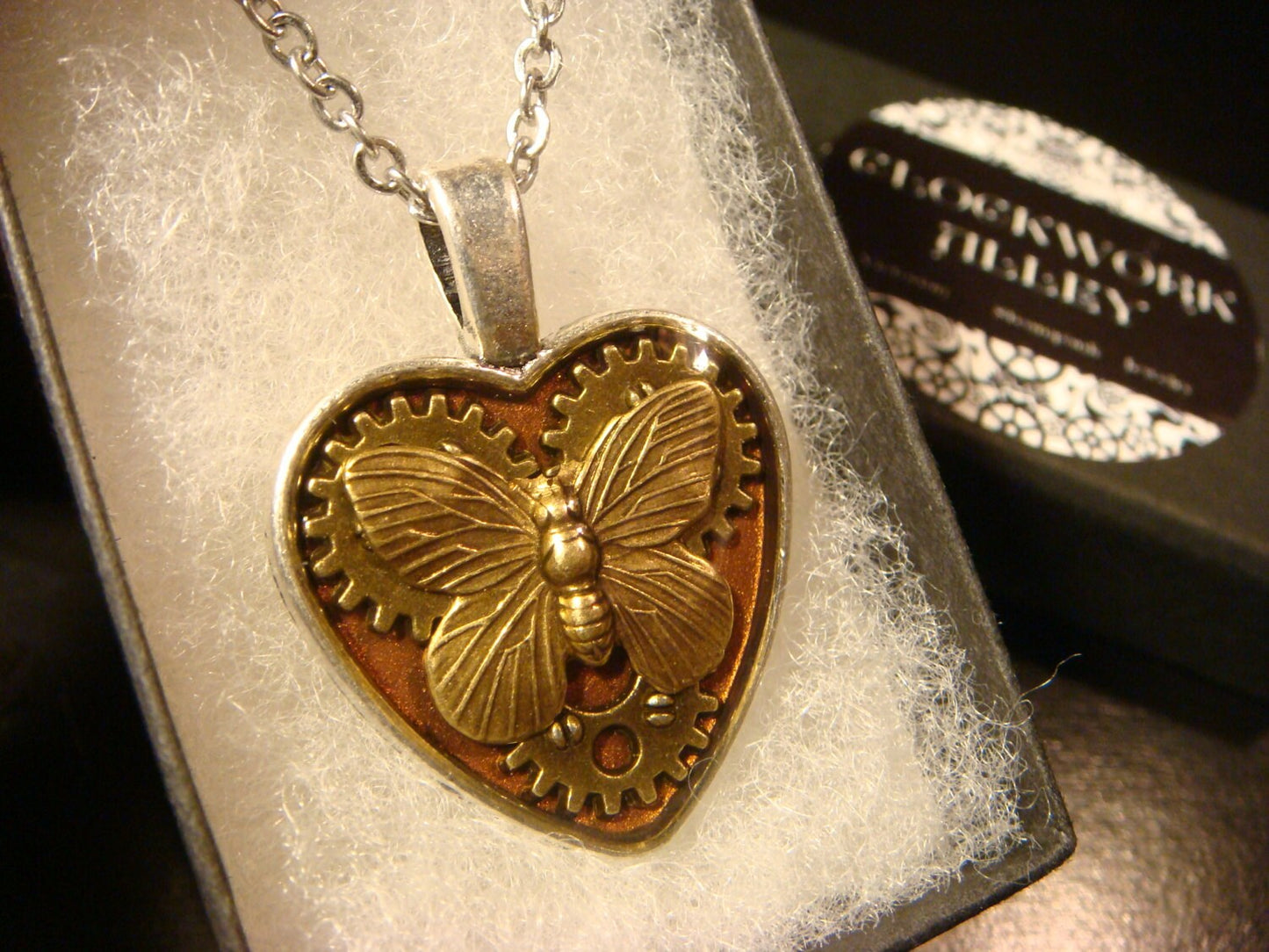 Butterfly and Gears Heart Necklace