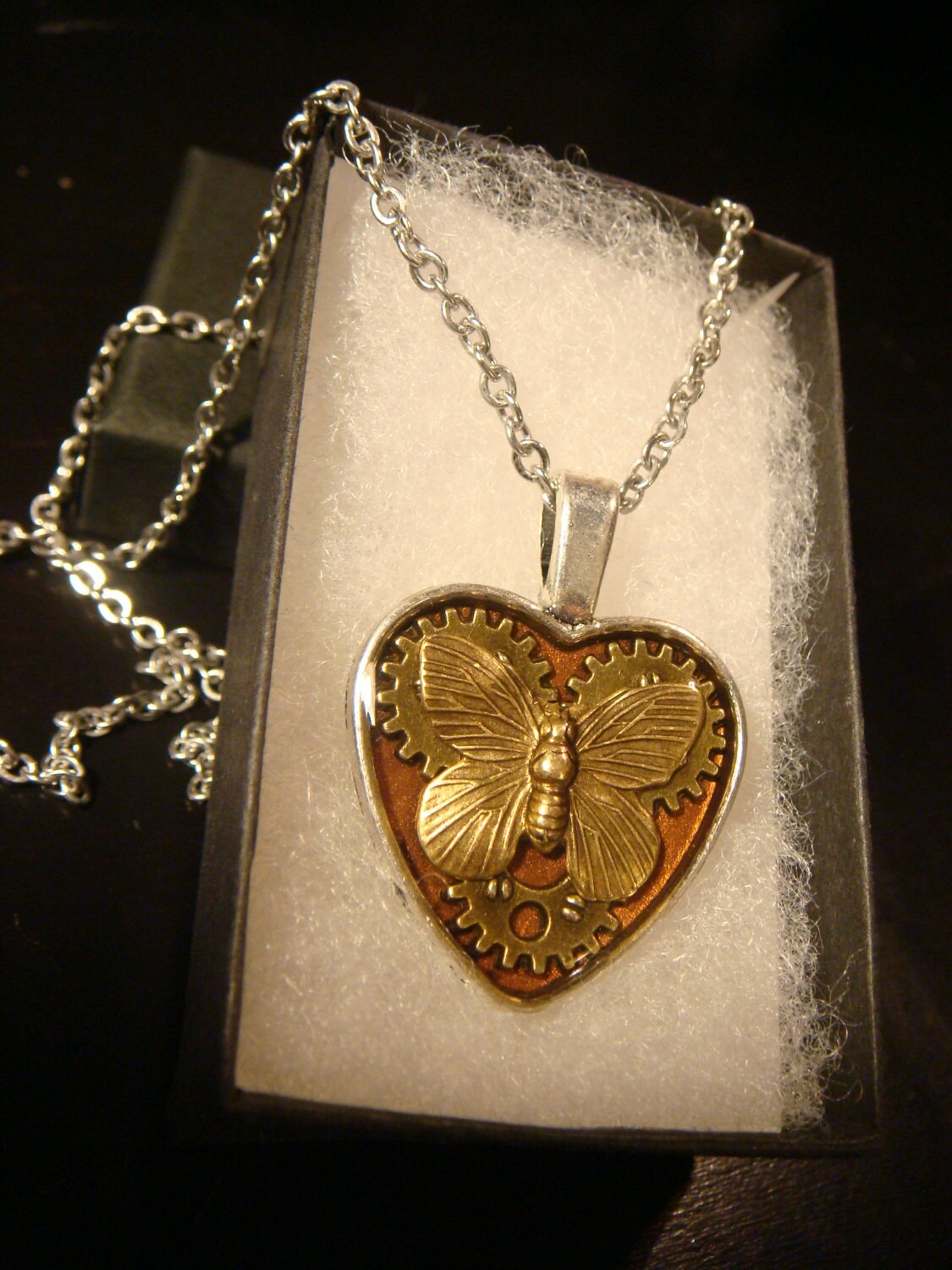 Butterfly and Gears Heart Necklace