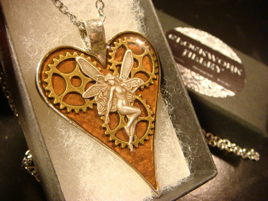 Fairy with Bronze Gears Heart Necklace