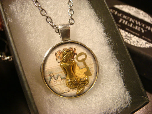 Mermaid and Key over Map Small Pendant Necklace