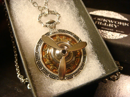 Propeller over Etched Gear Pocket Watch Pendant Necklace