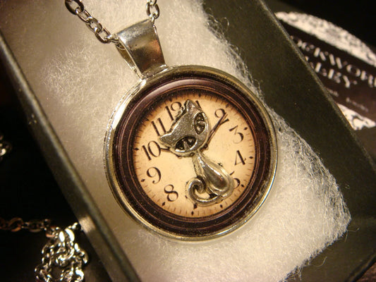 Cat over Clock Pendant Necklace