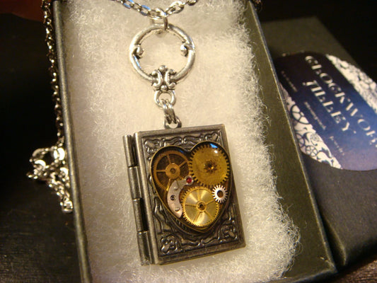 Heart Gears and Watch Parts Book Locket Necklace