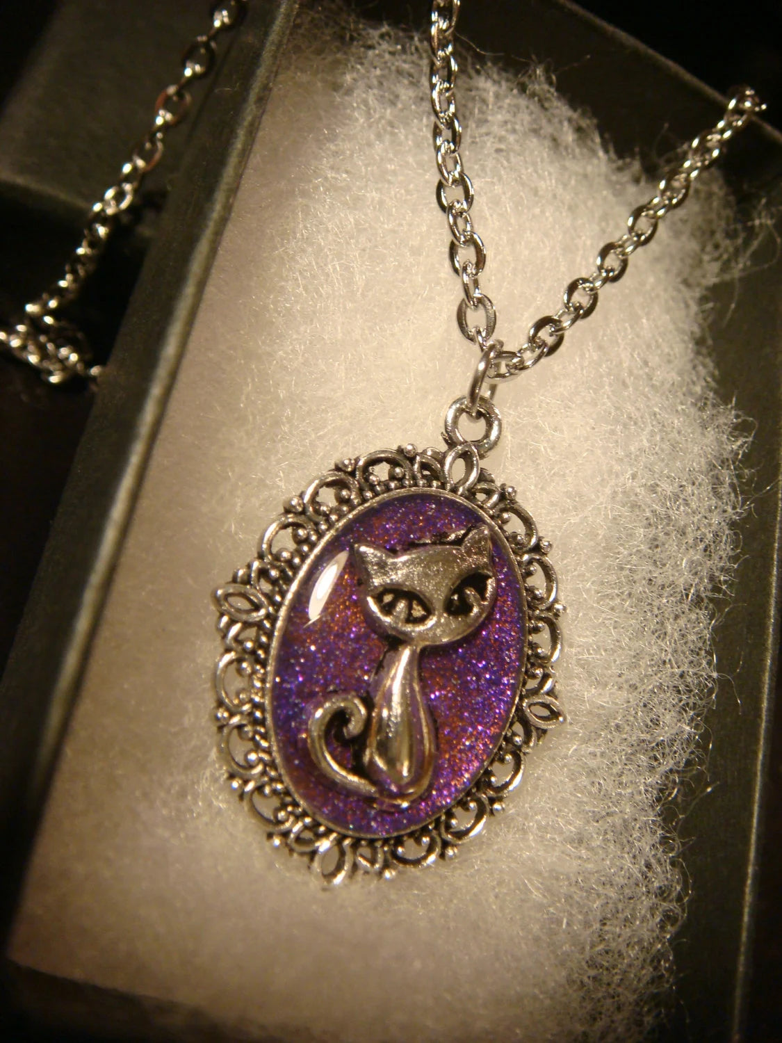 Cat over Purple Glitter Small Ornate Necklace