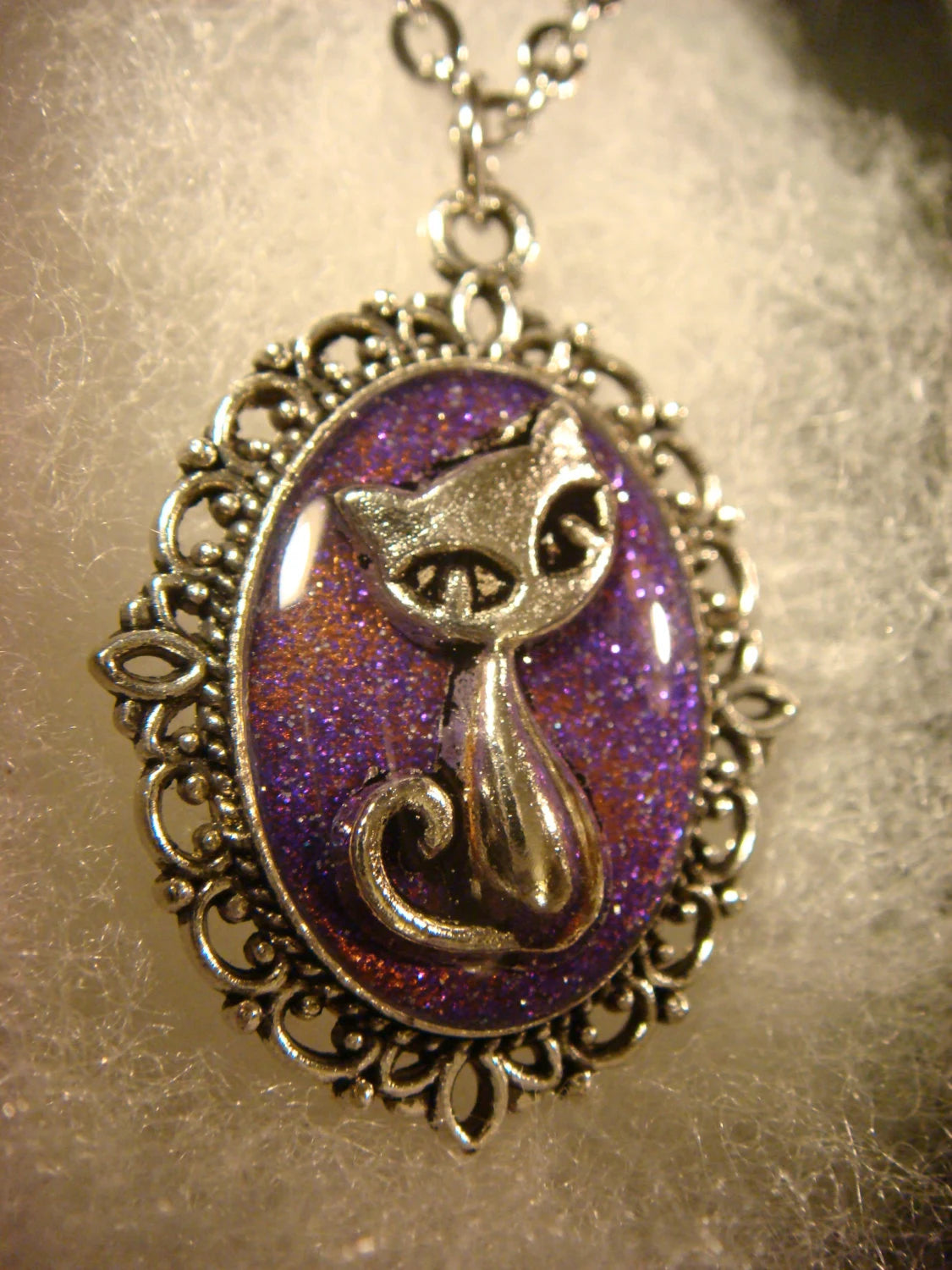 Cat over Purple Glitter Small Ornate Necklace