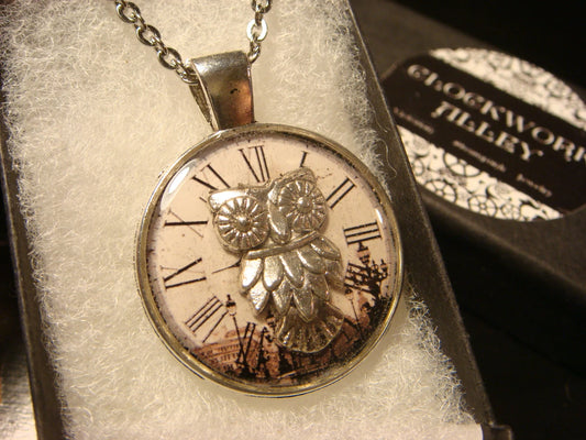 Owl over Victorian Clock Pendant Necklace