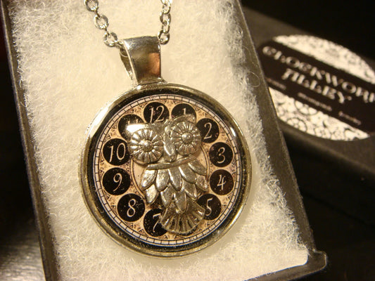 Owl over Clock Pendant Necklace