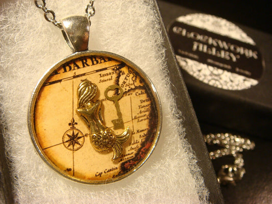Mermaid over Map Pendant Necklace