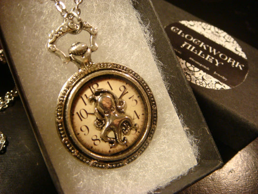 Octopus over Clock Pocket Watch Pendant Necklace
