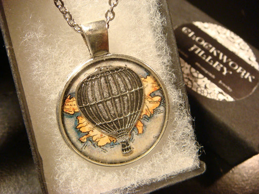 Hot Air Balloon over Map Pendant Necklace