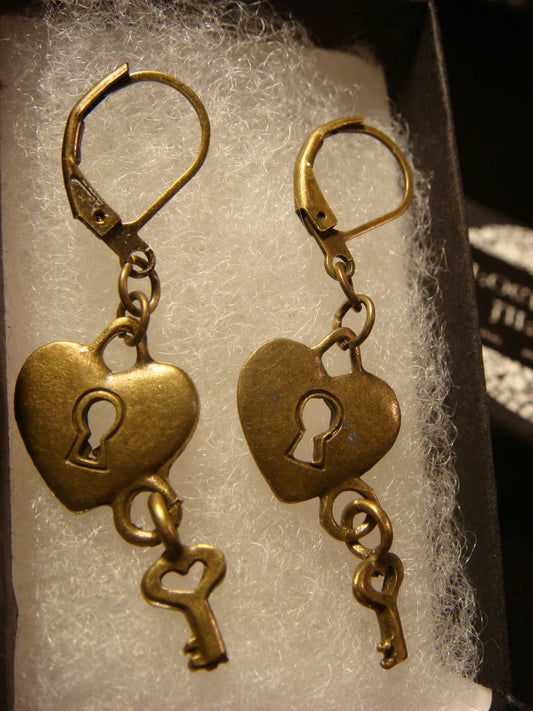 Heart Lock and Key Dangle Earrings in Antique Bronze