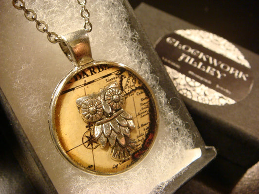 Owl over Map Pendant Necklace