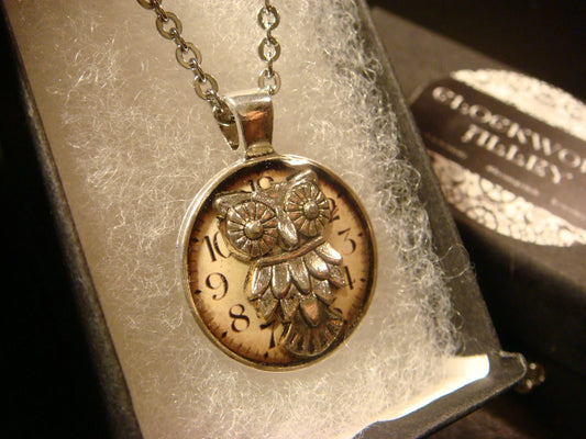 Owl over Clock Small Pendant Necklace