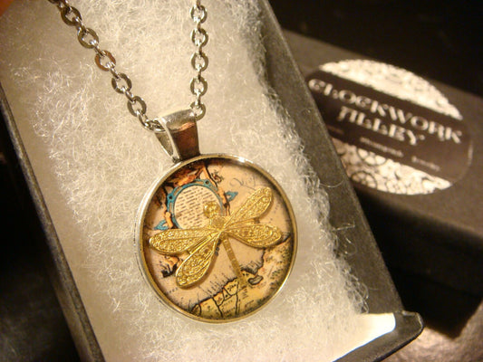 Dragonfly over Map Small Pendant Necklace