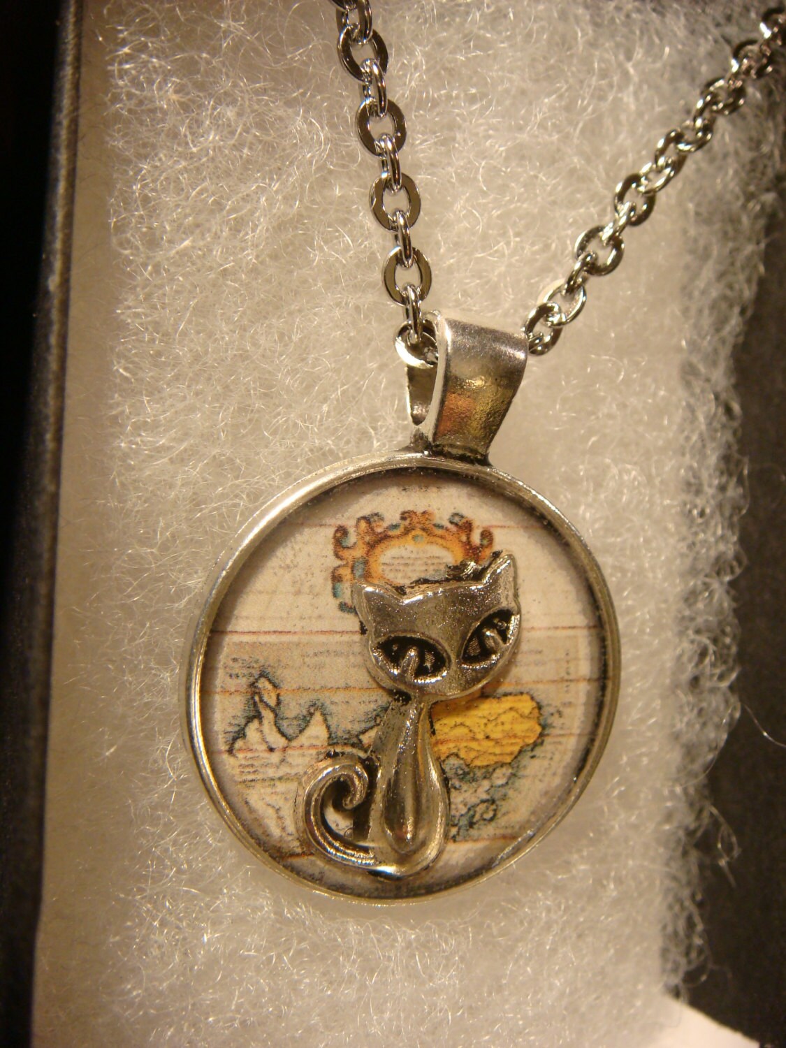 Cat over Map Small Pendant Necklace