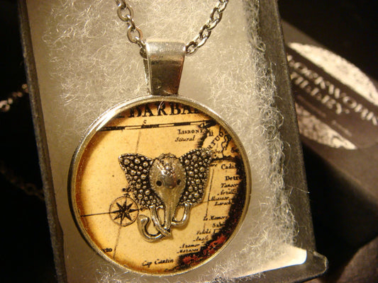 Elephant Head over Map Pendant Necklace