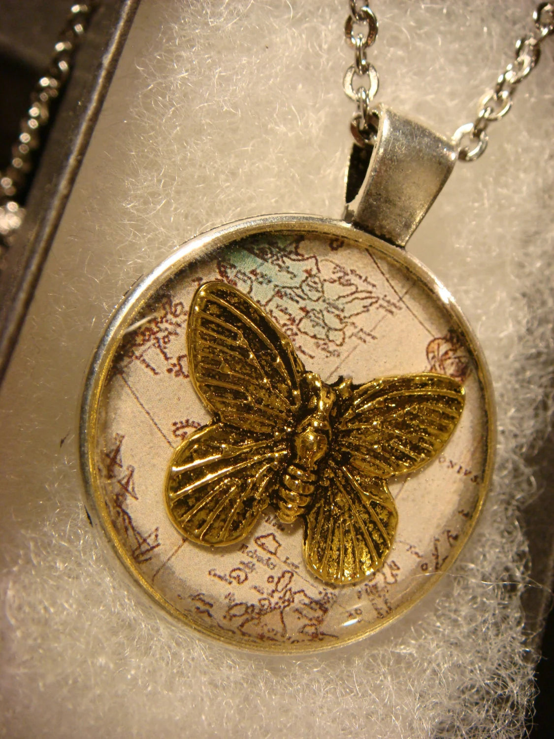 Butterfly over Map Pendant Necklace