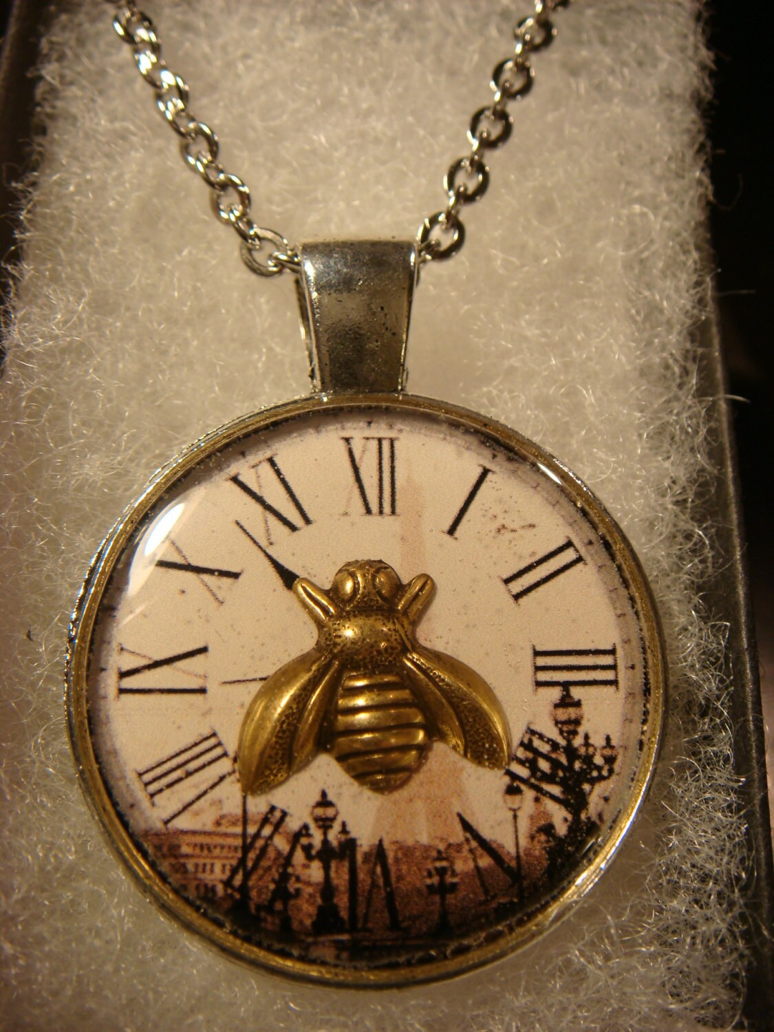 Bee over Victorian Clock Pendant Necklace