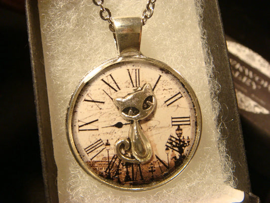 Cat over Victorian Clock Pendant Necklace