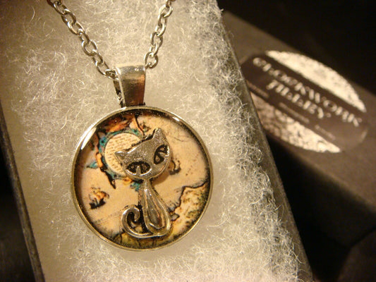 Cat over Map Small Pendant Necklace