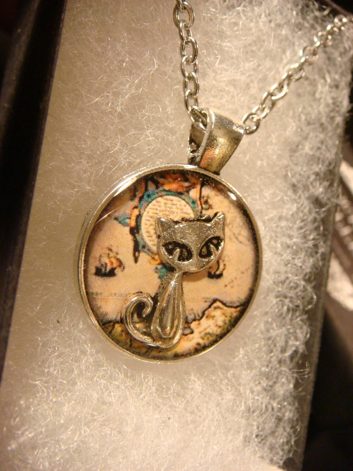 Cat over Map Small Pendant Necklace