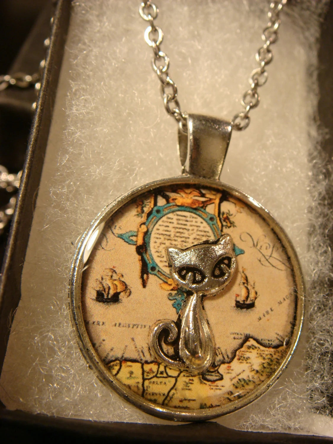 Cat over Map Pendant Necklace