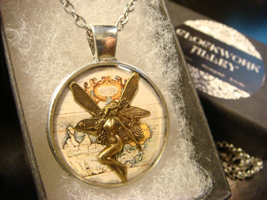 Fairy over Map Pendant Necklace