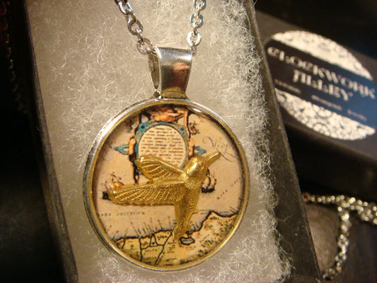 Hummingbird over Map Pendant Necklace