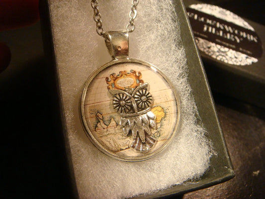 Owl over Map Pendant Necklace