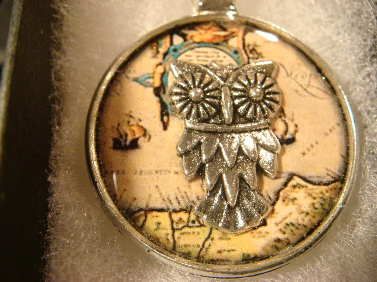 Owl over Map Pendant Necklace