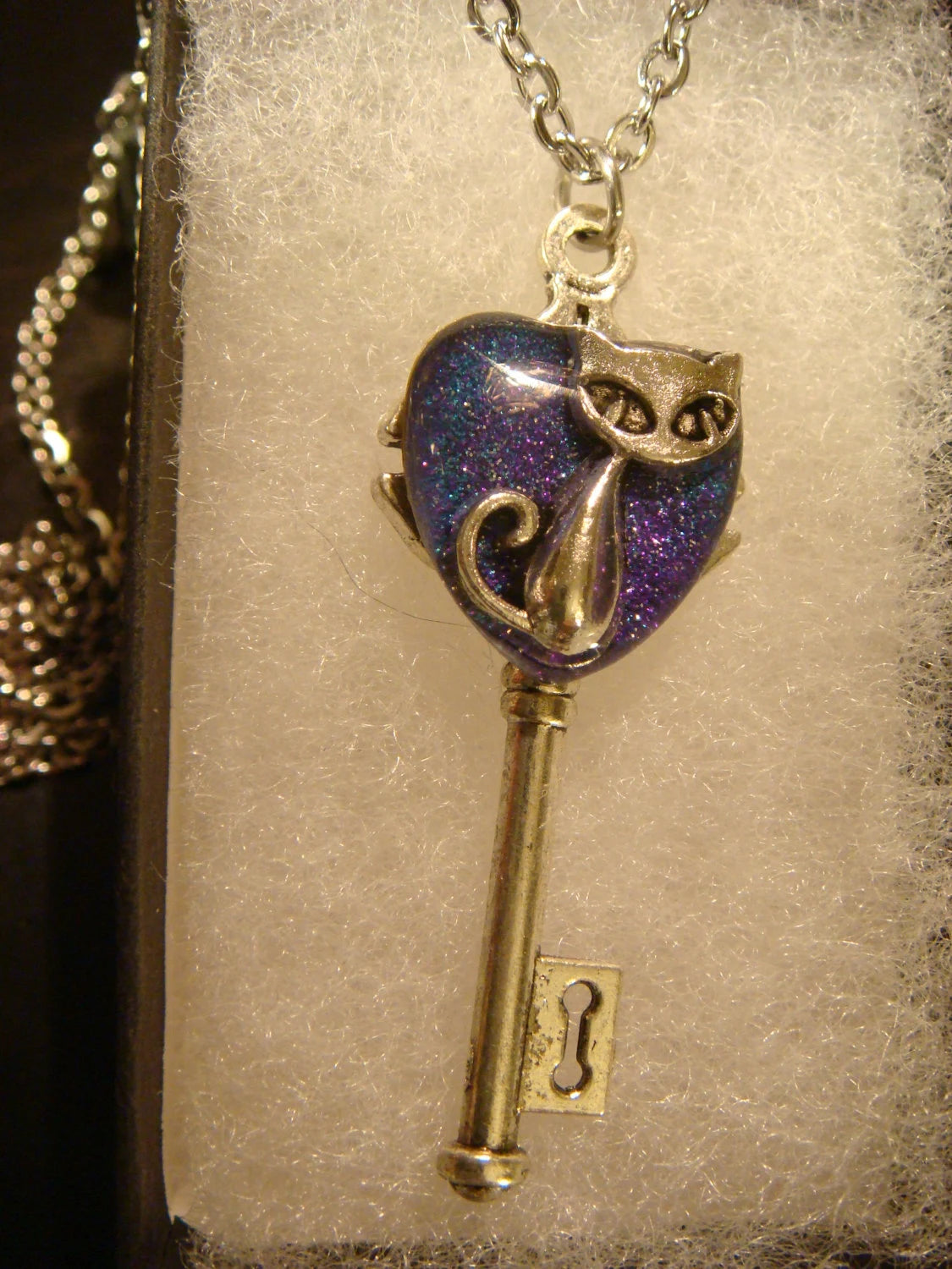 Cat Heart Key Necklace - Purple