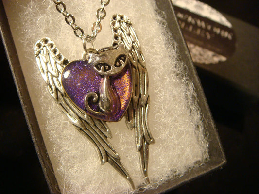 Cat Heart on Angel Wings Necklace - Purple