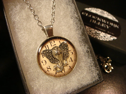 Elephant Head over Clock Small Pendant Necklace
