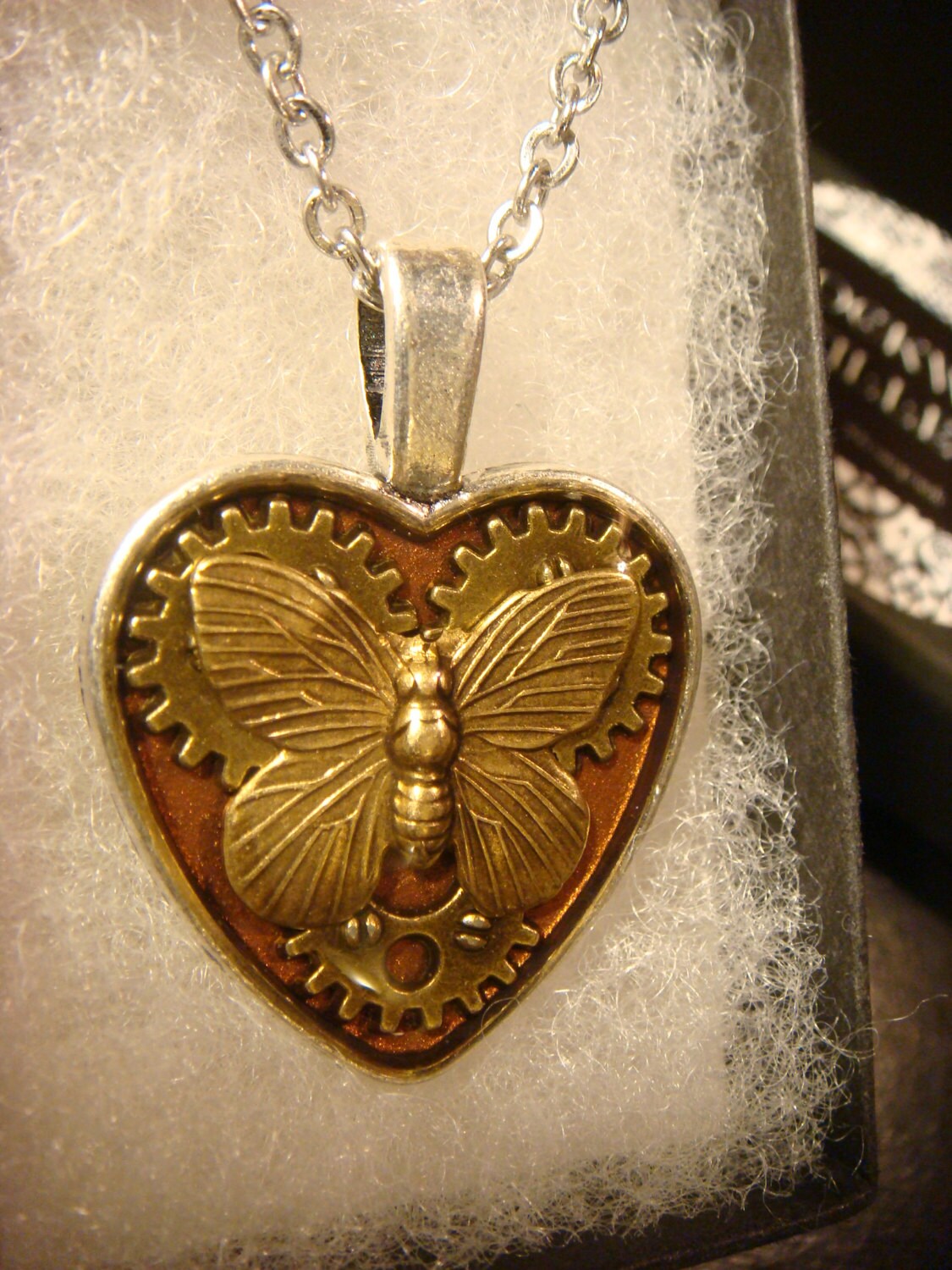 Butterfly and Gears Heart Necklace