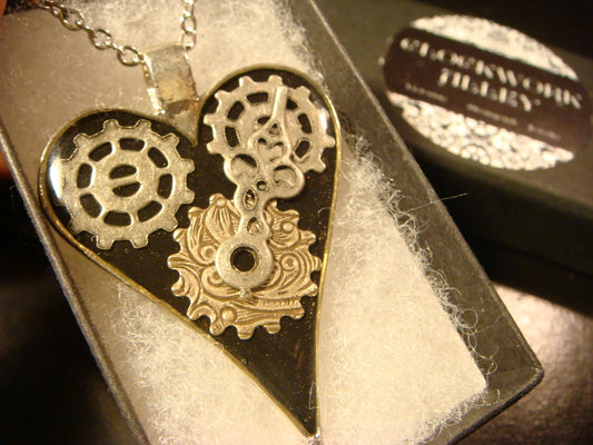 Black Heart with Gears and Hands Necklace