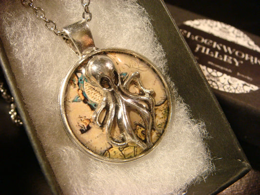 Octopus over Map Pendant Necklace