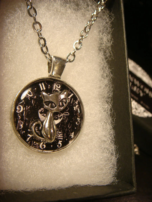 Cat over Clock Small Pendant Necklace