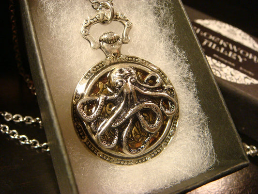 Octopus over Etched Gear Pocket Watch Pendant Necklace