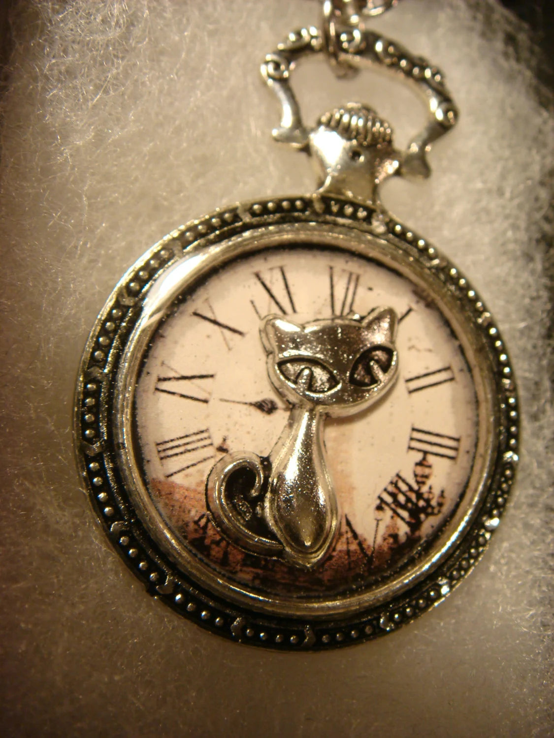 Cat over Victorian Clock Pocket Watch Pendant Necklace in Antique Silver