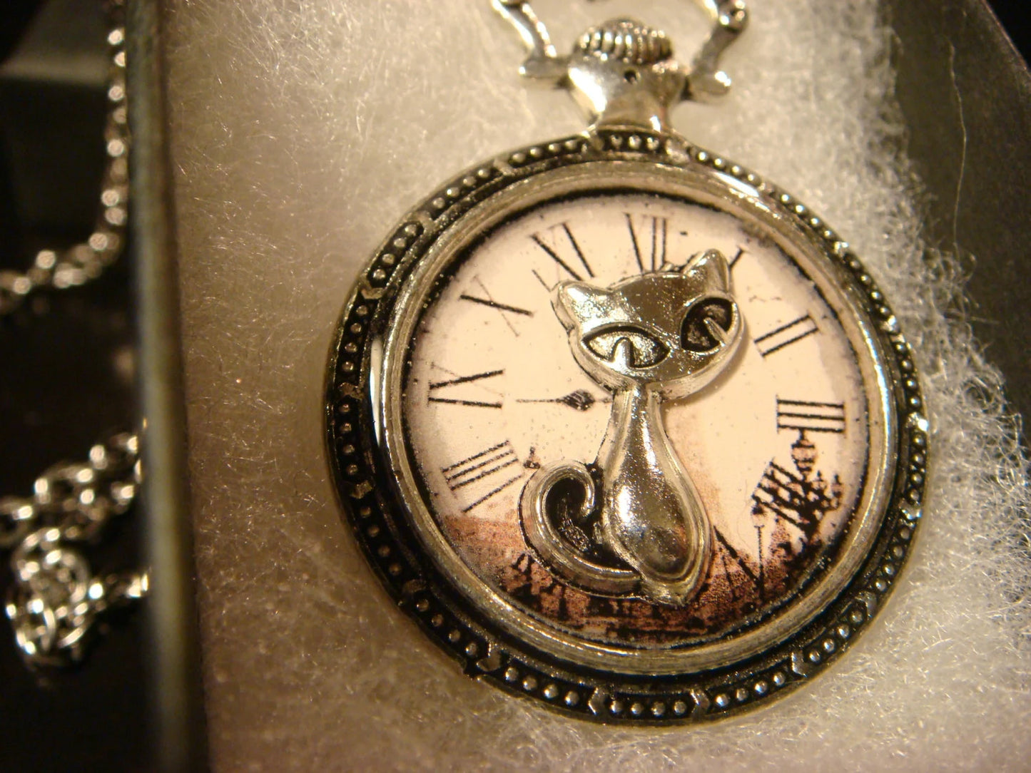 Cat over Victorian Clock Pocket Watch Pendant Necklace in Antique Silver