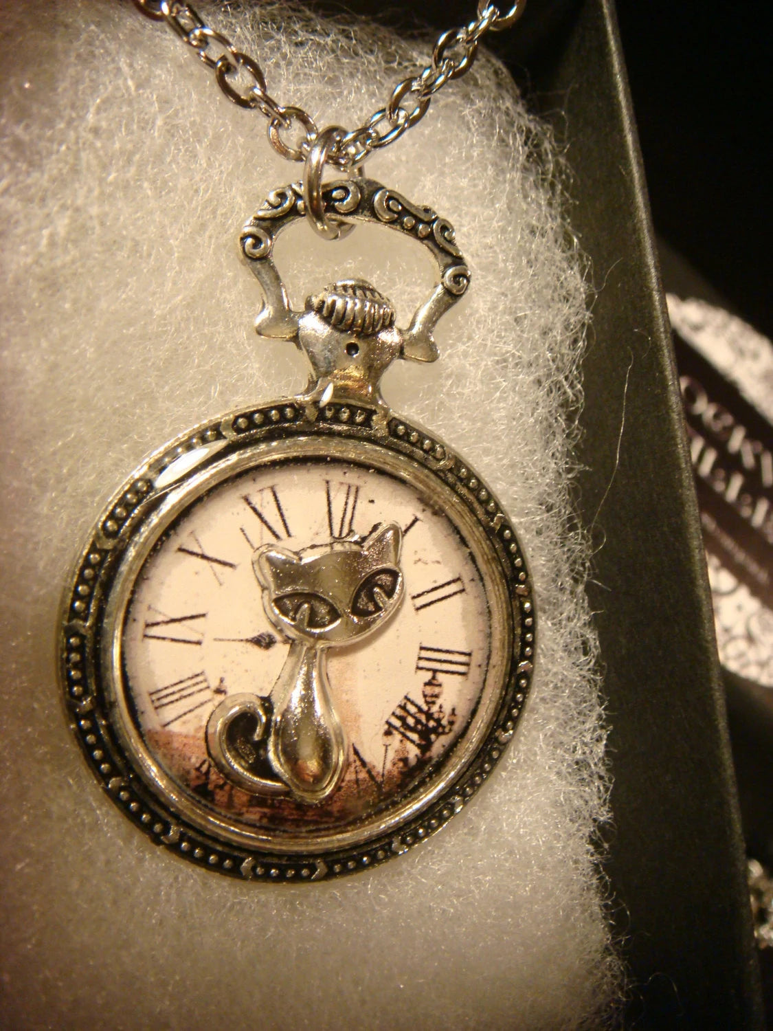 Cat over Victorian Clock Pocket Watch Pendant Necklace in Antique Silver