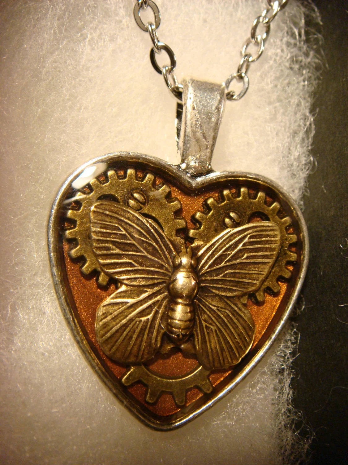 Butterfly Heart with Gears Necklace