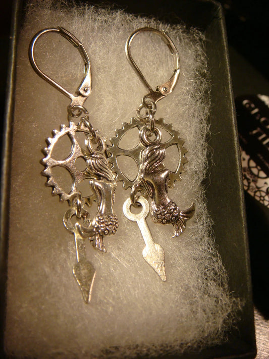 Mermaid and Gear Dangle Earrings in Antique Silver
