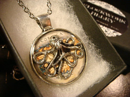 Octopus over Map Pendant Necklace