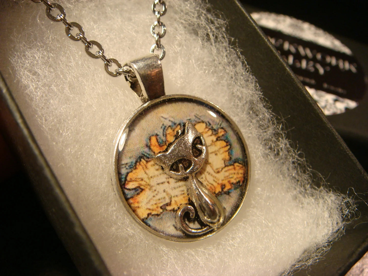 Cat over Map Small Pendant Necklace